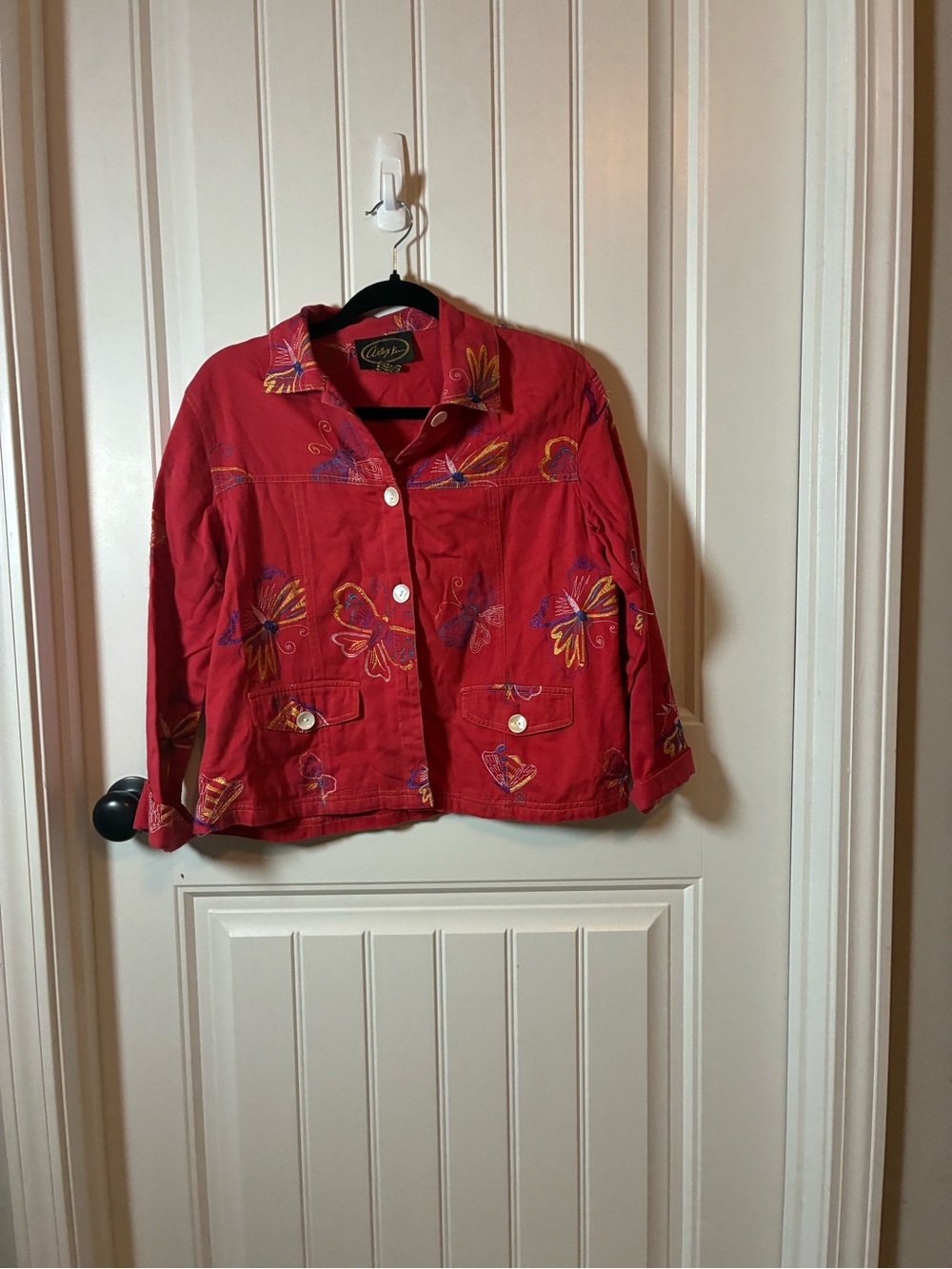 Red Embroidered Butterfly Cotton Blazer Jacket - Casual Button-Front
